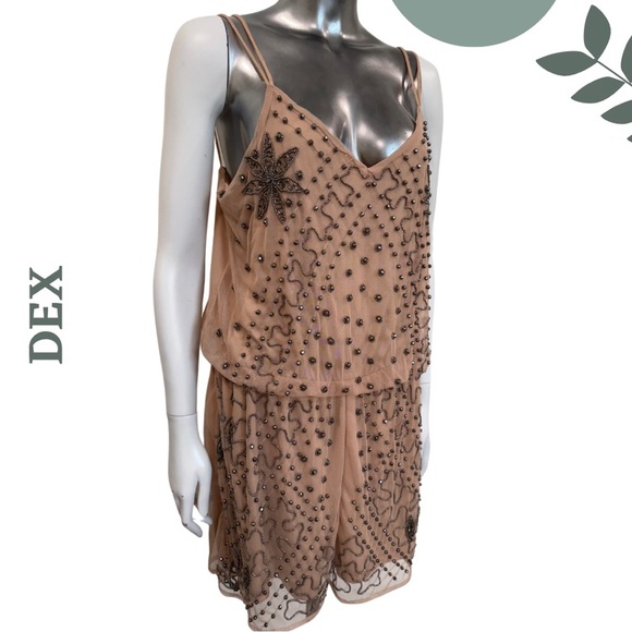 Sparkling Beaded Nude Romper by Dex | Glam Party Style | Size Large - Picture 3 of 6